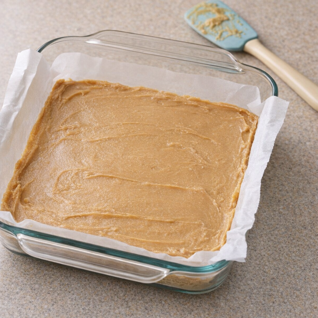 Peanut butter fudge smoothed into a Pyrex dish before chilling