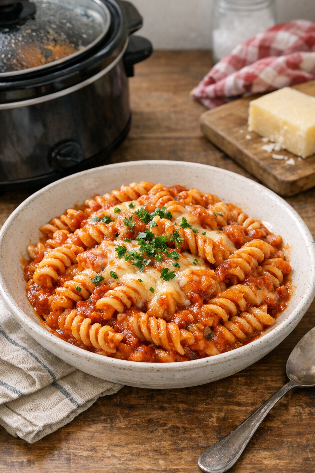 Finished plated fusilli pasta