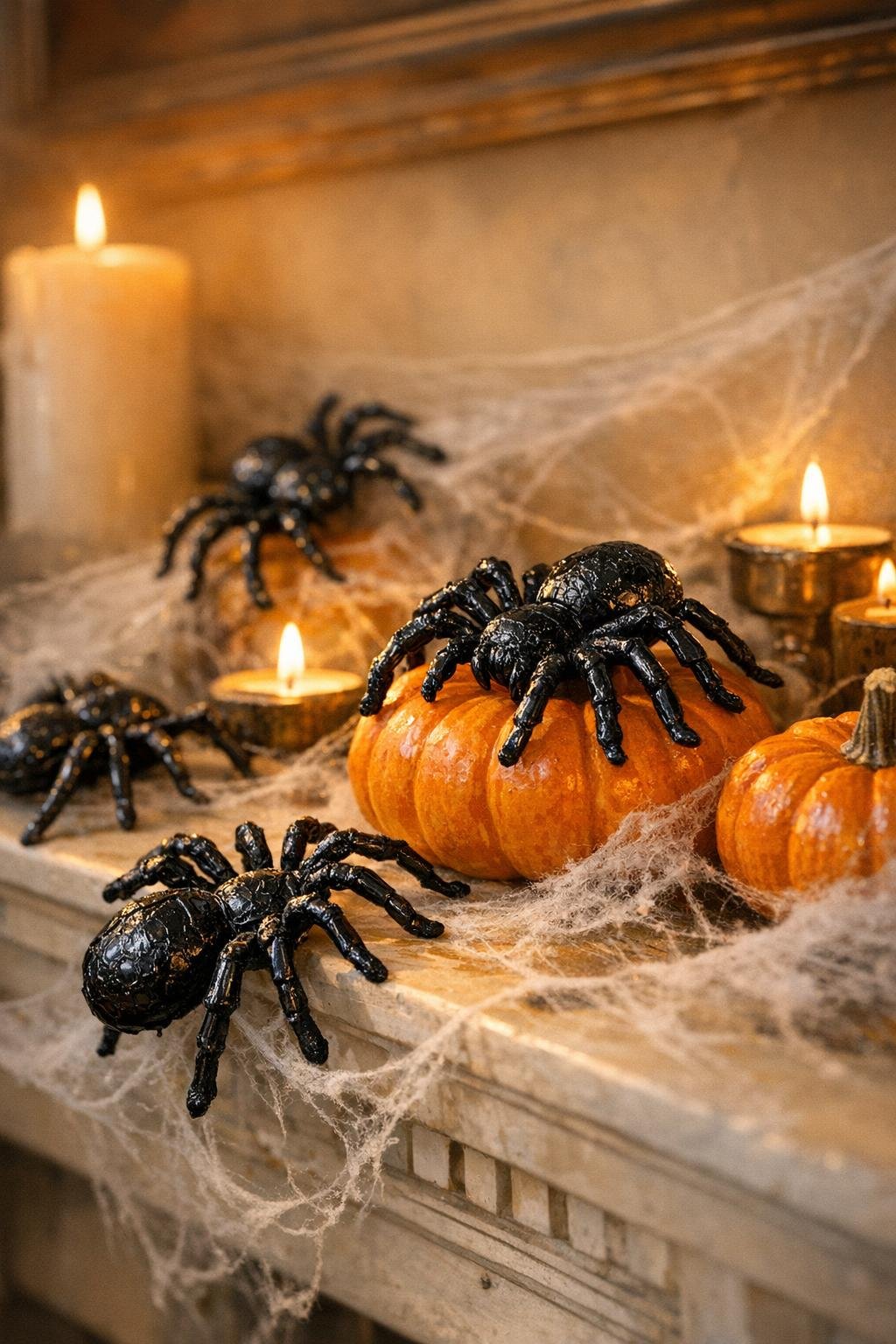 Finished black hot glue spiders styled in a Halloween display