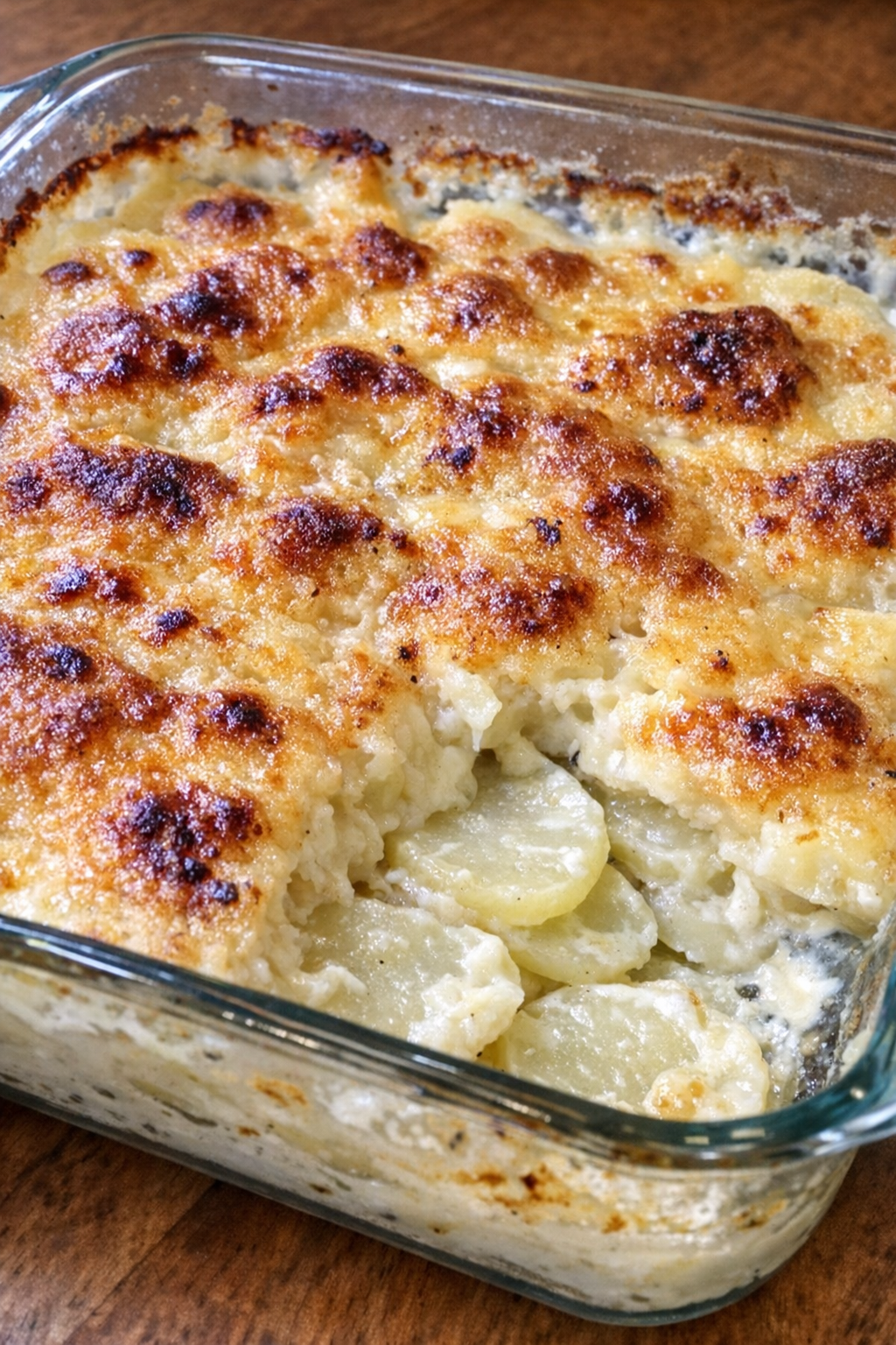 Creamy layered potato scallop with golden browned top in a glass baking dish