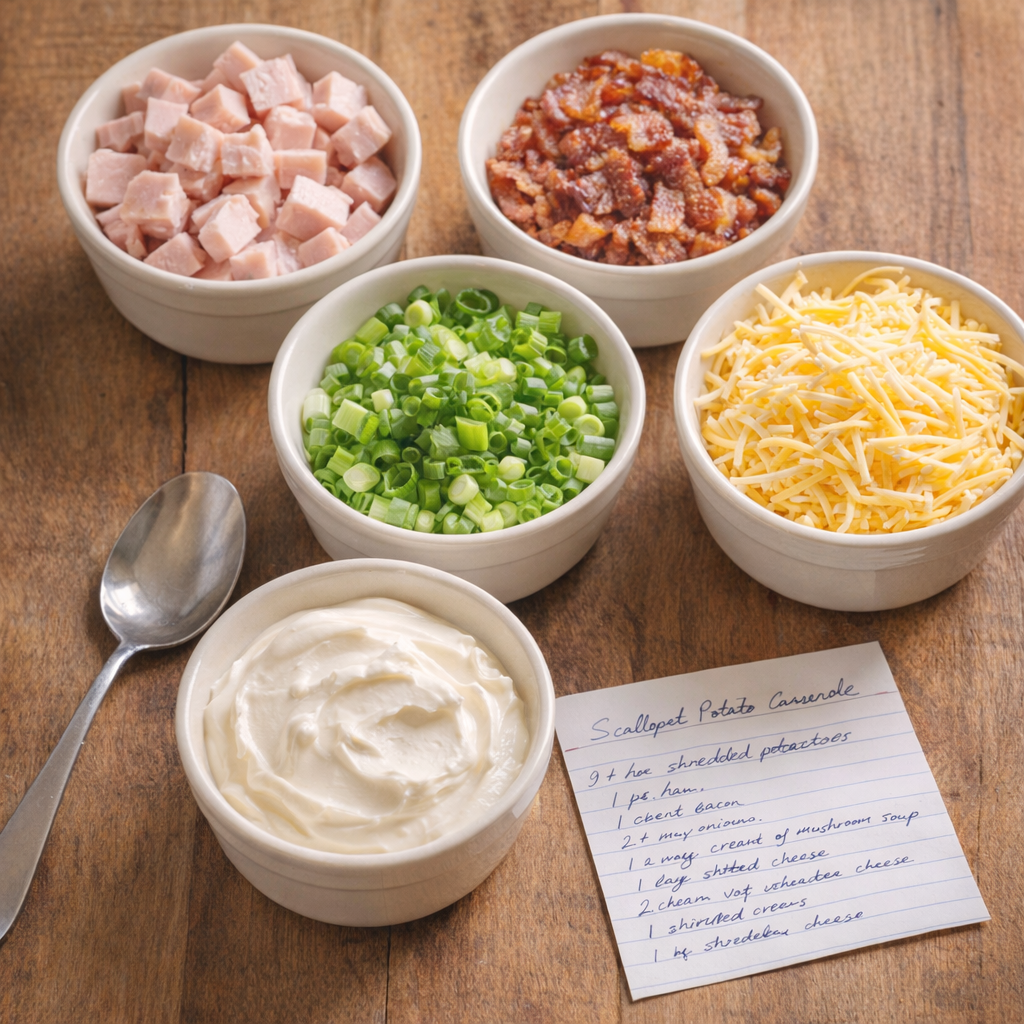 Small bowls of casserole add-ins on a kitchen table
