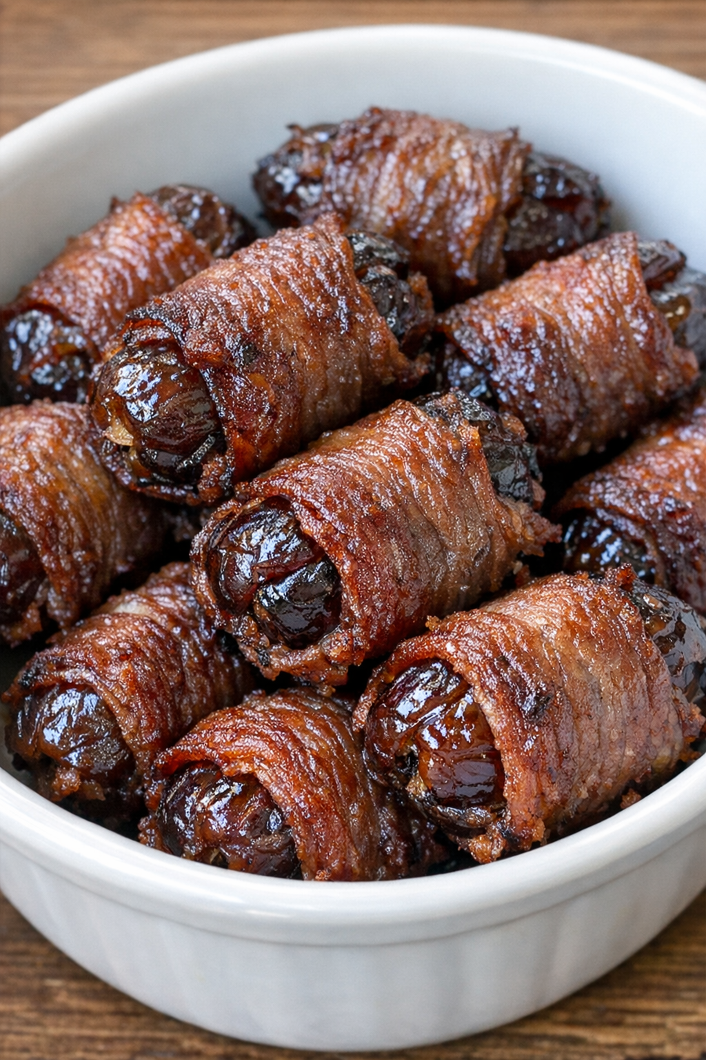Oven baked beef wrapped dates in a white ceramic serving bowl