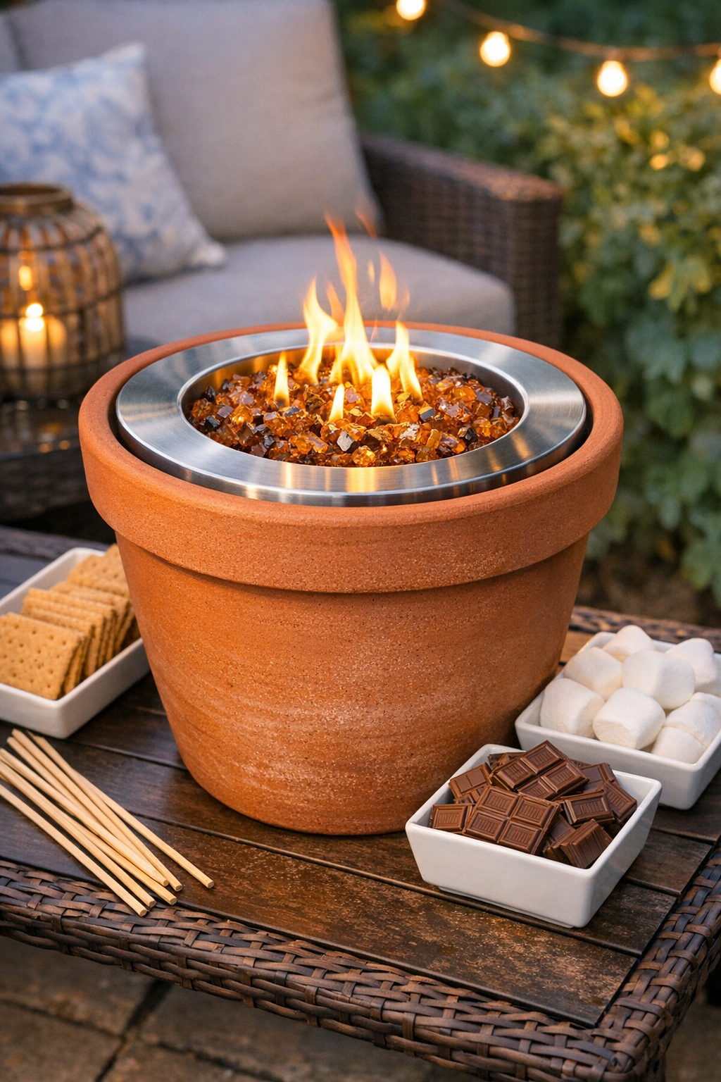 Finished terracotta planter s'mores station with stainless steel fire bowl insert