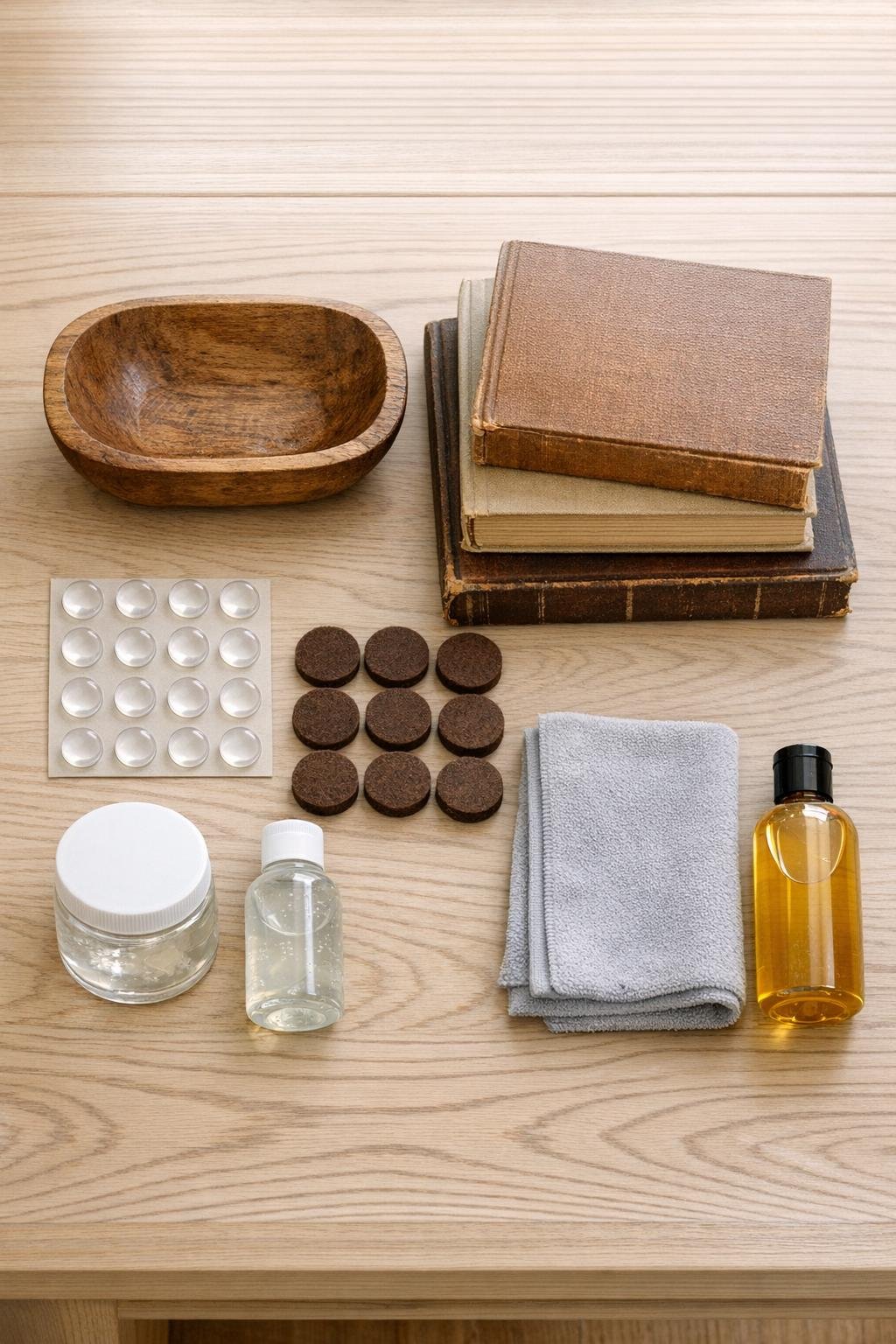 Materials for a dough bowl pocket emptier arranged neatly on a table