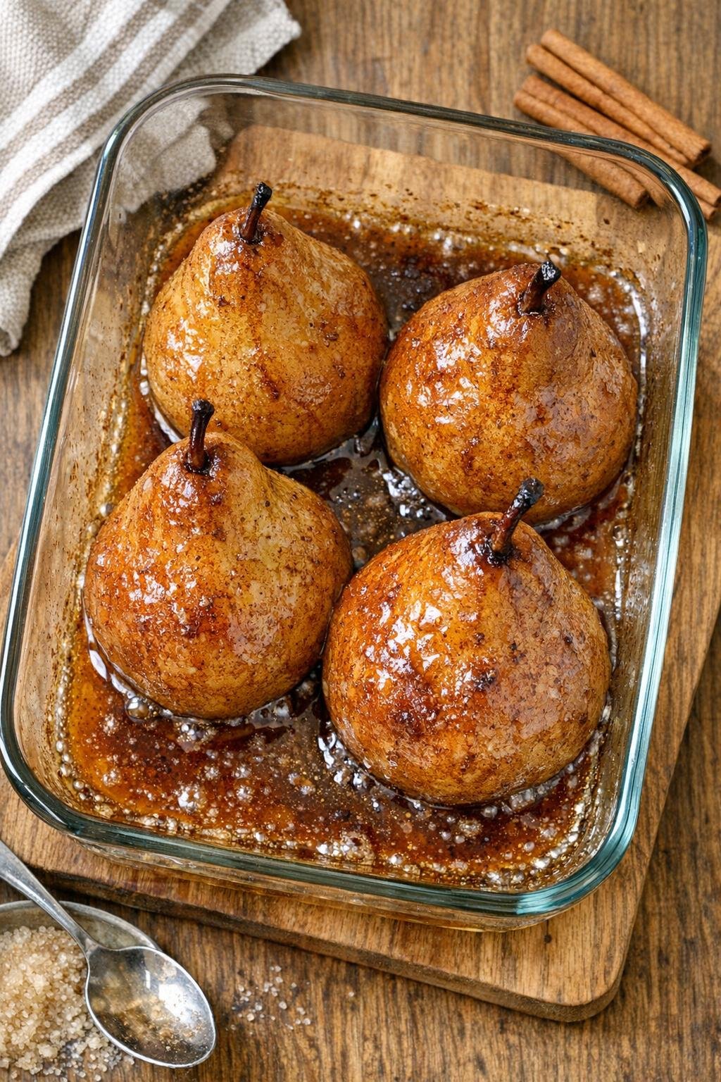 Finished baked pears in a glass baking dish