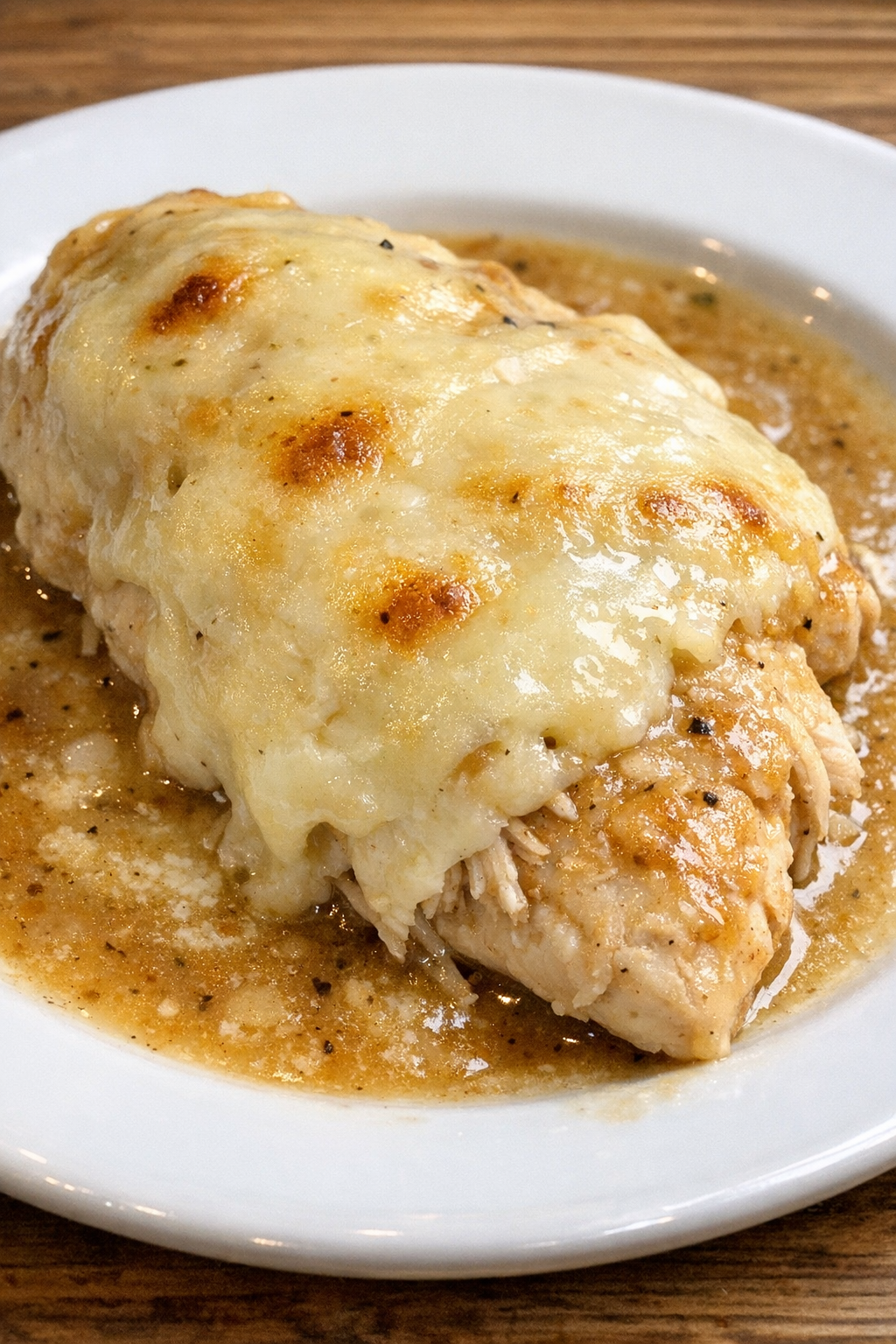Slow cooker Swiss cheese chicken plated on a white ceramic plate
