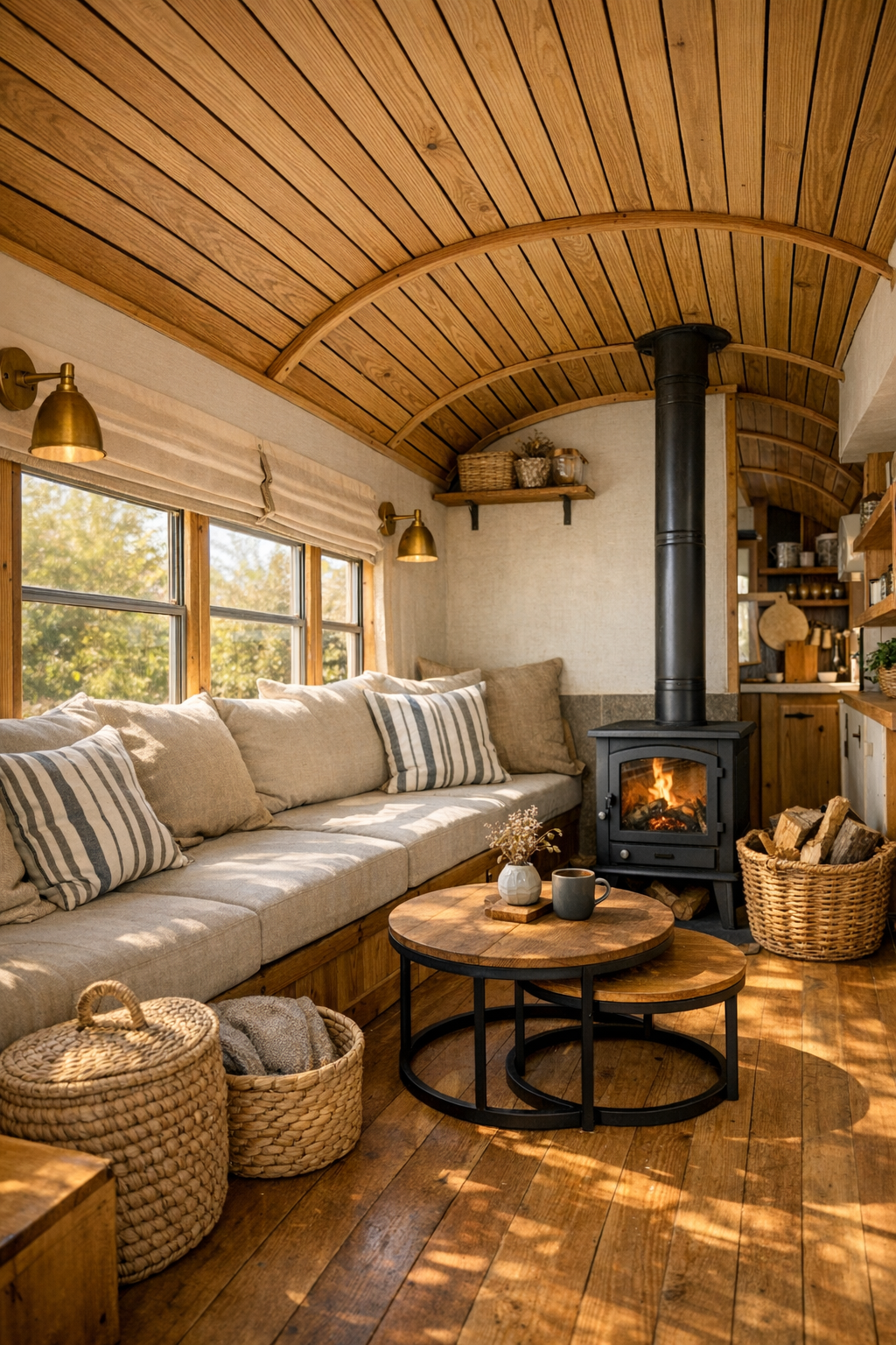 Rustic converted bus living room with built-in bench seating and wood slat ceiling