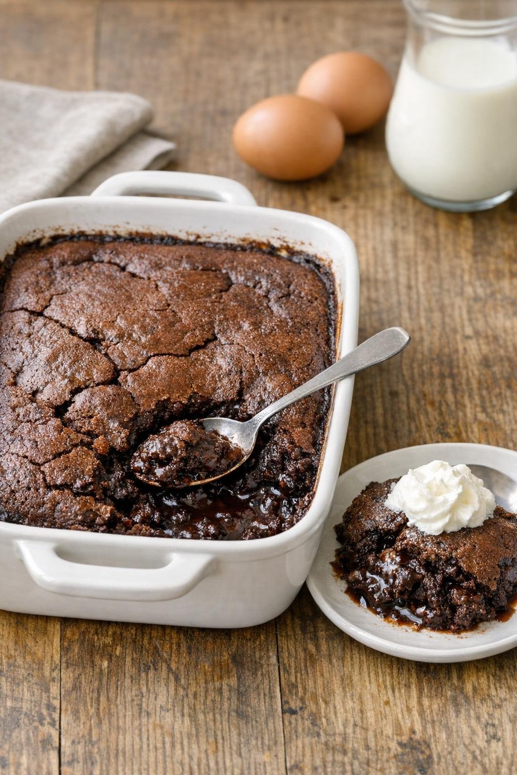 Finished baked cocoa dessert in a casserole dish