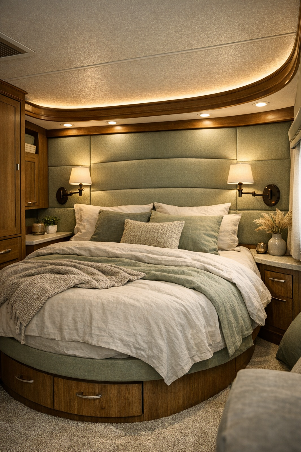 Calm accessible RV bedroom with sage upholstered wall panels and bronze sconces