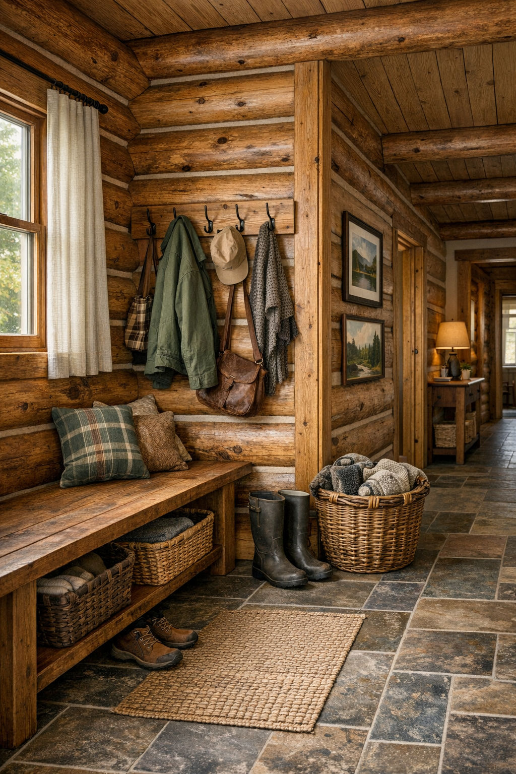 Rustic mudroom and hallway with built-in bench, hooks, and practical cottage-style storage