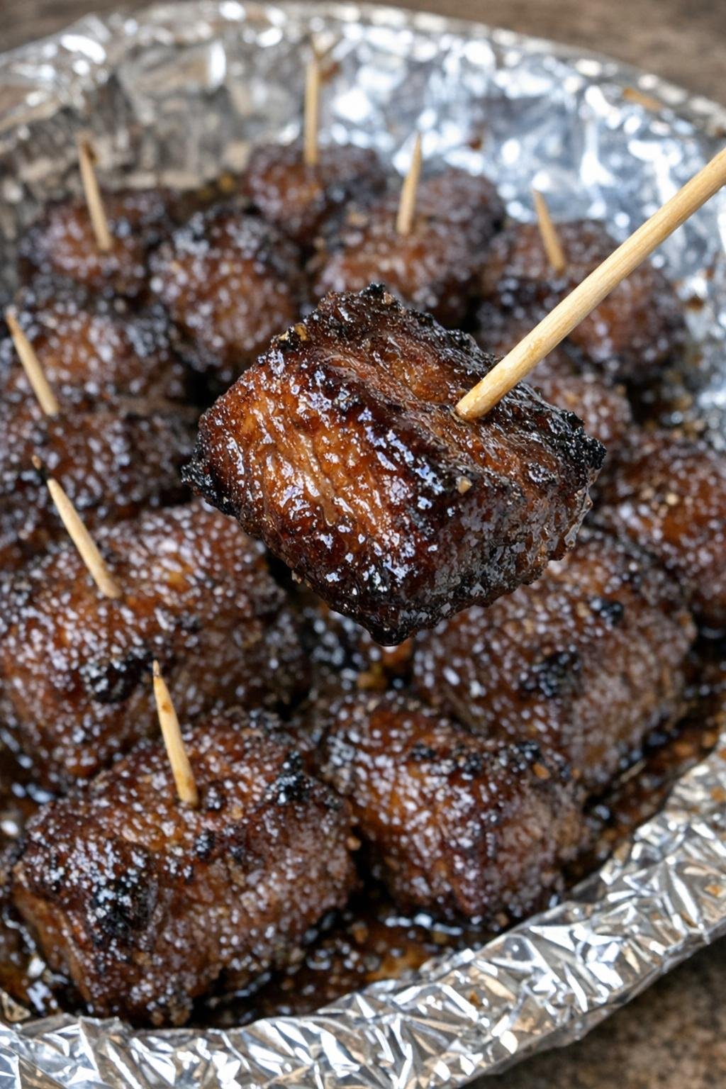 3-ingredient beef thurston bites on a foil-lined platter