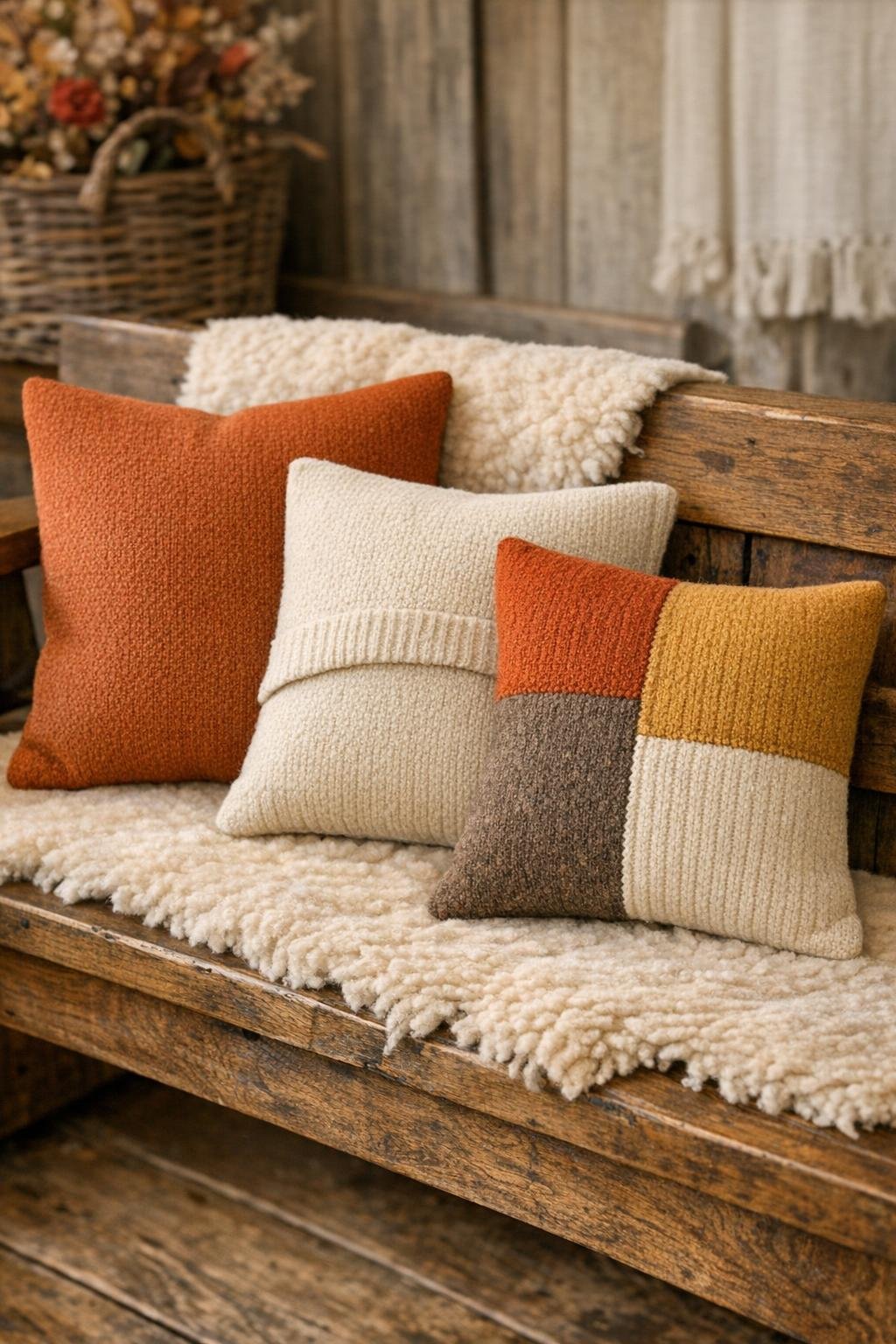 Three finished autumn pillow covers made from old wool sweaters