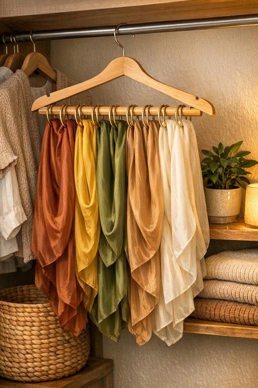 Finished scarf organizer hanging in a bedroom