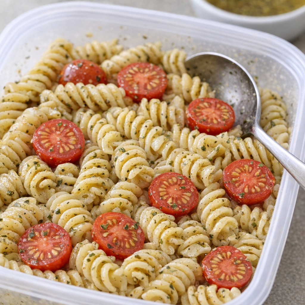 Chilled pasta salad ready to serve