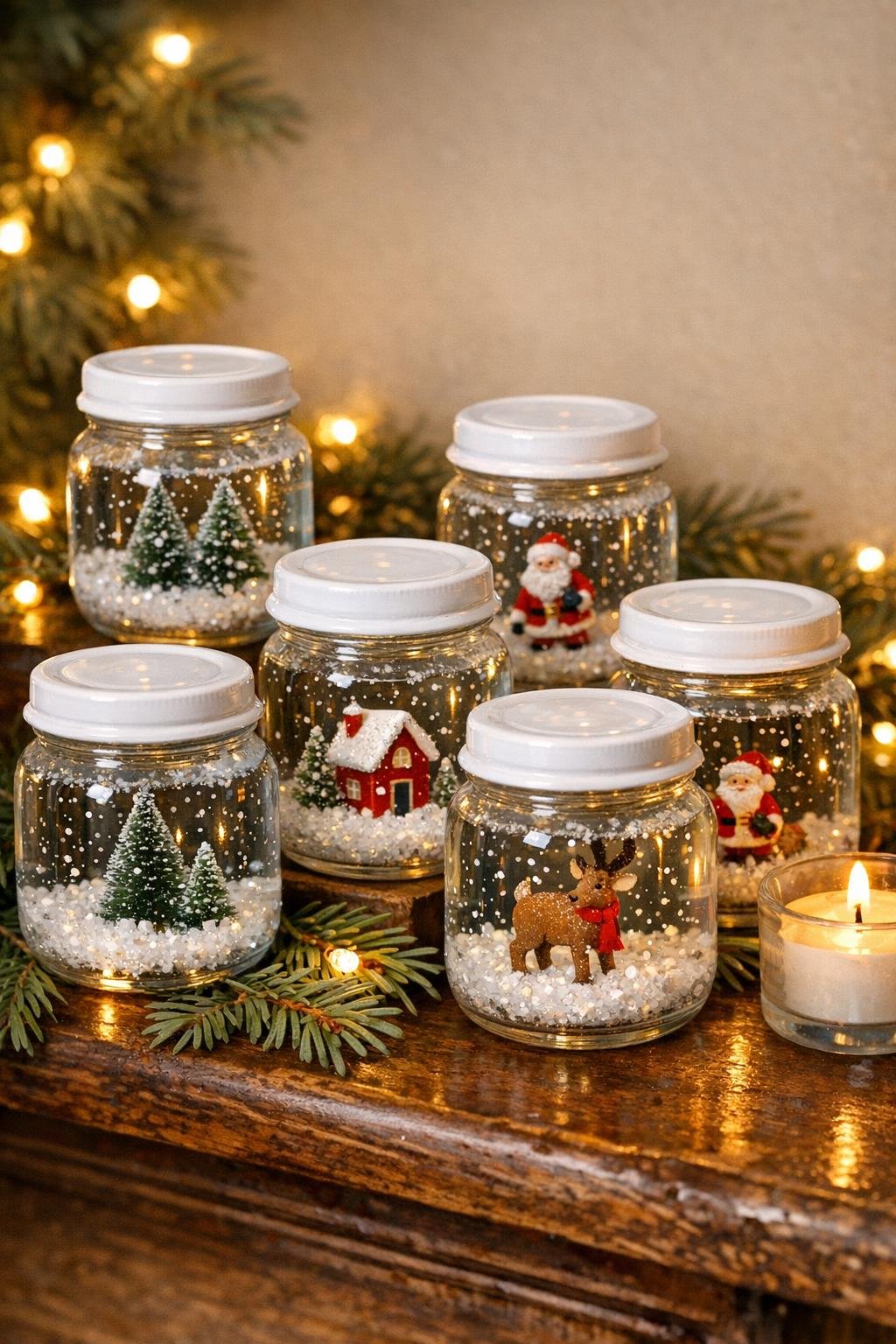 Finished mini jar snow globes displayed for Christmas