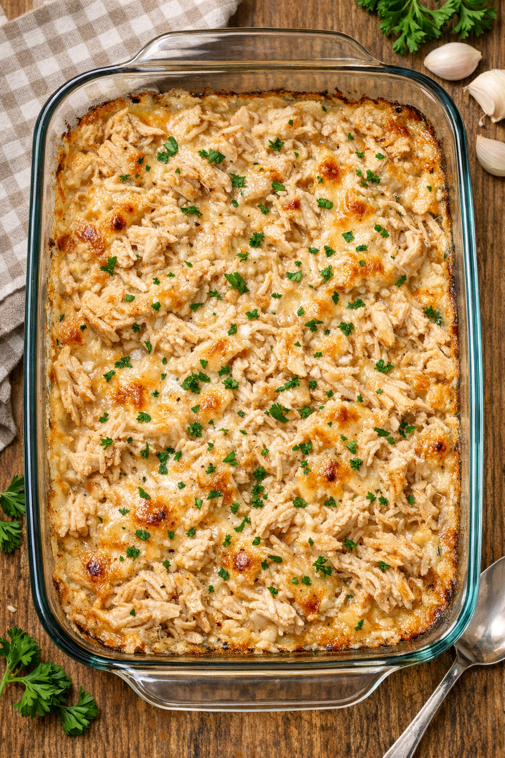 Baked shredded chicken casserole in a glass dish