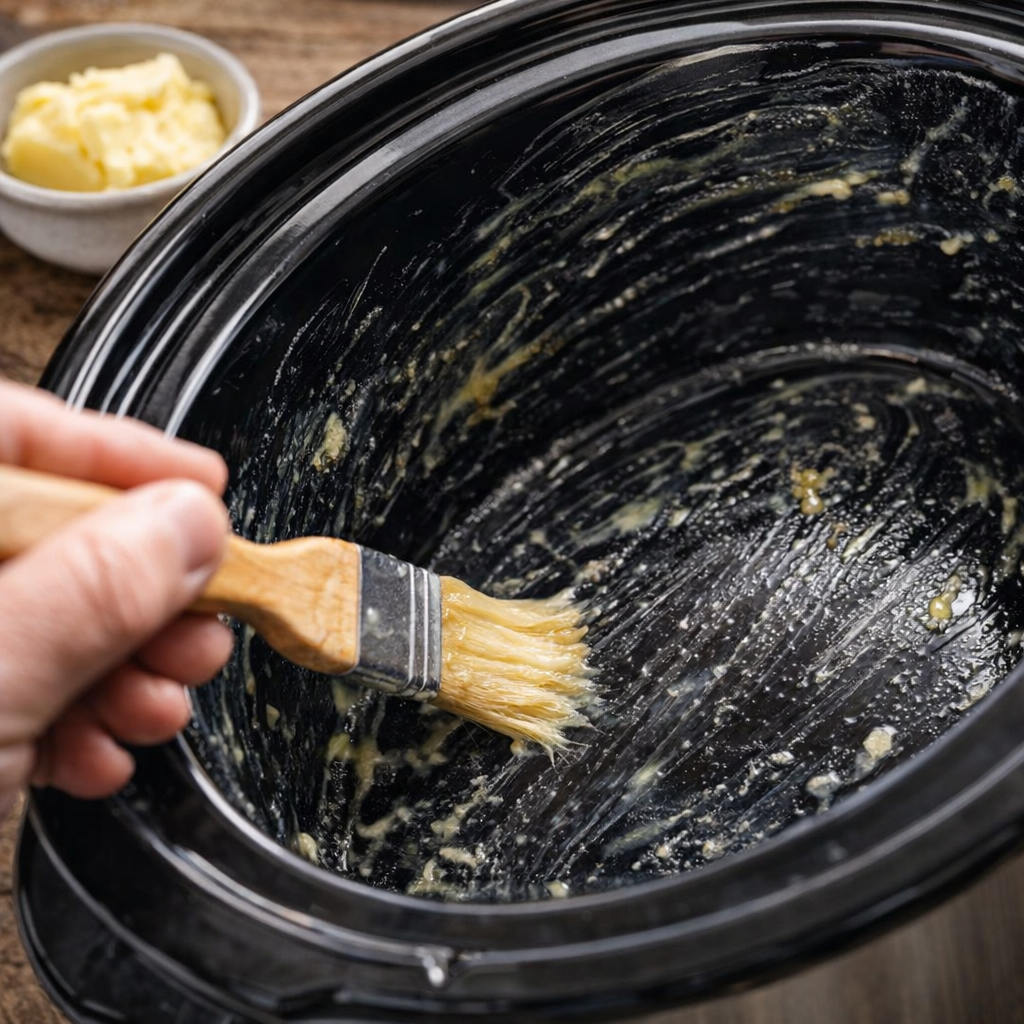 Butter being brushed inside a slow cooker insert