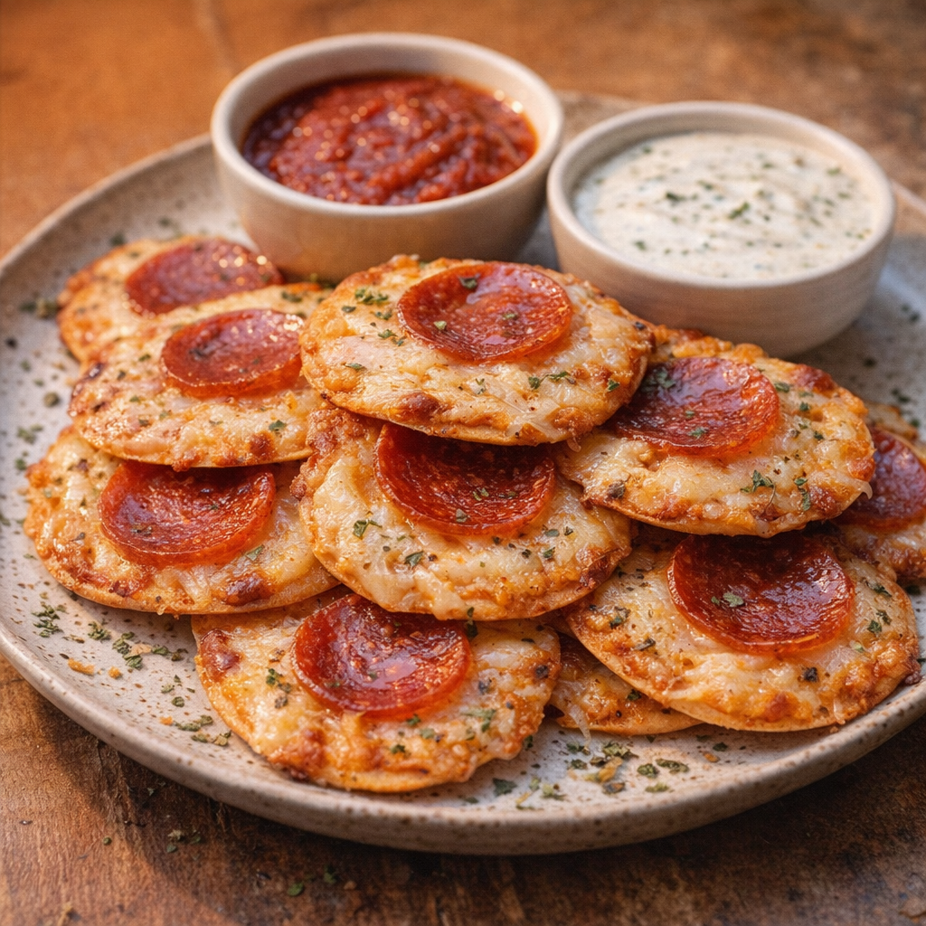 Pizza chips served with marinara and ranch for dipping