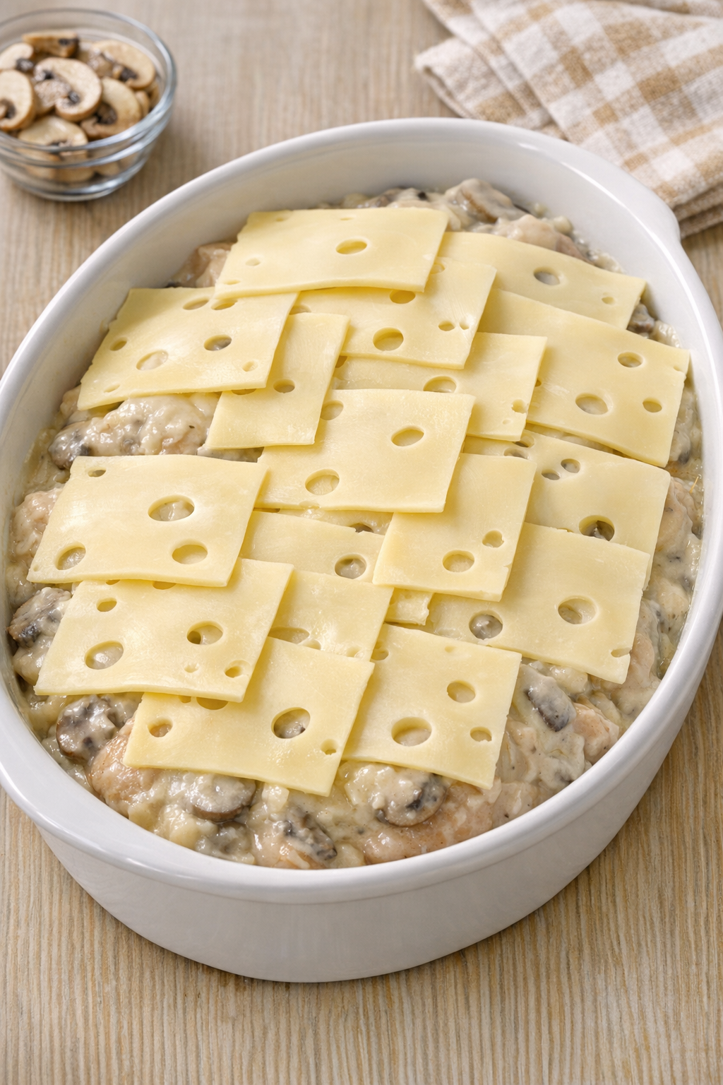 Swiss cheese layered over soup-covered chicken in a baking dish