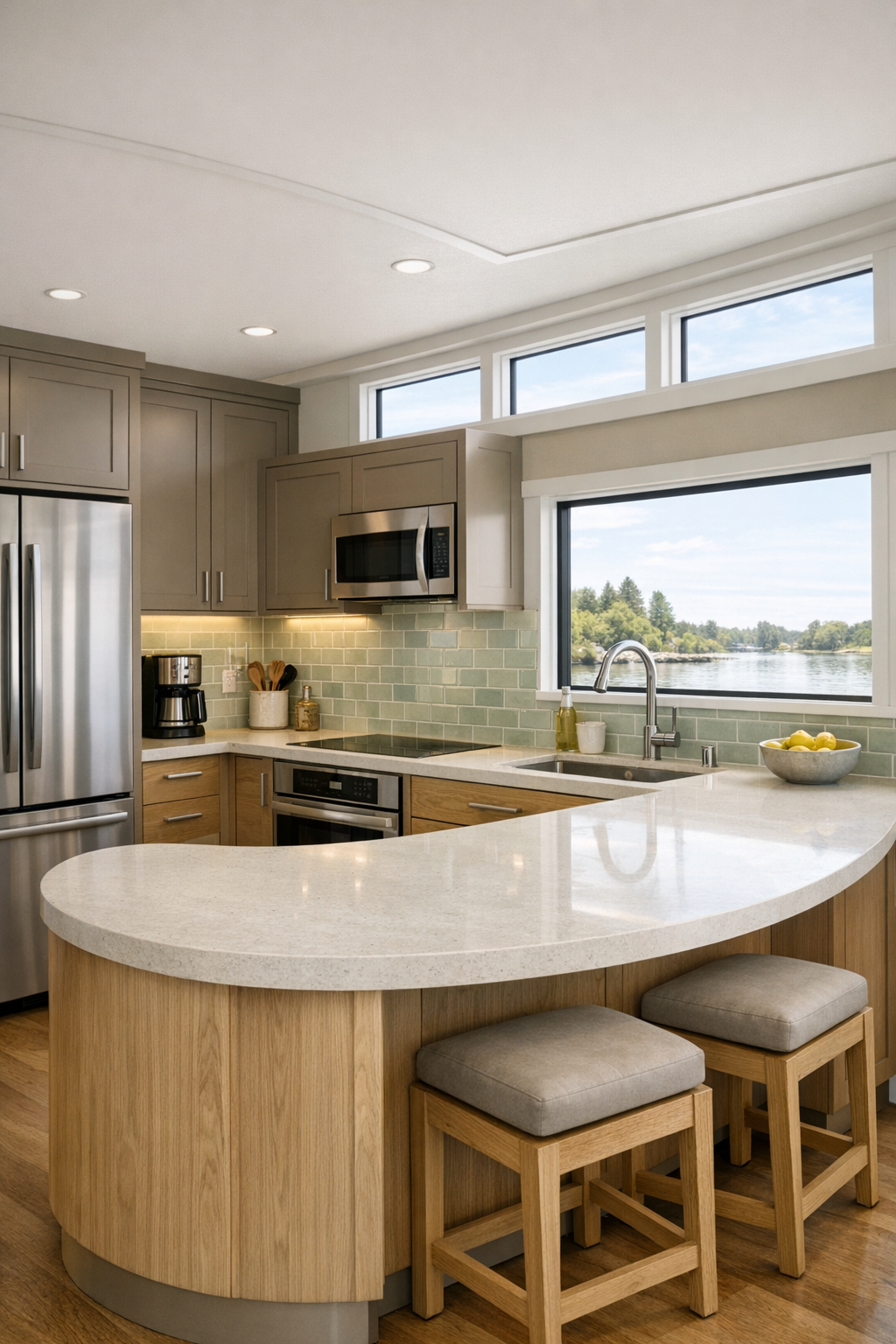 Warm accessible kitchen with mushroom cabinetry, honed quartz counters, rounded island, and celadon tile backsplash