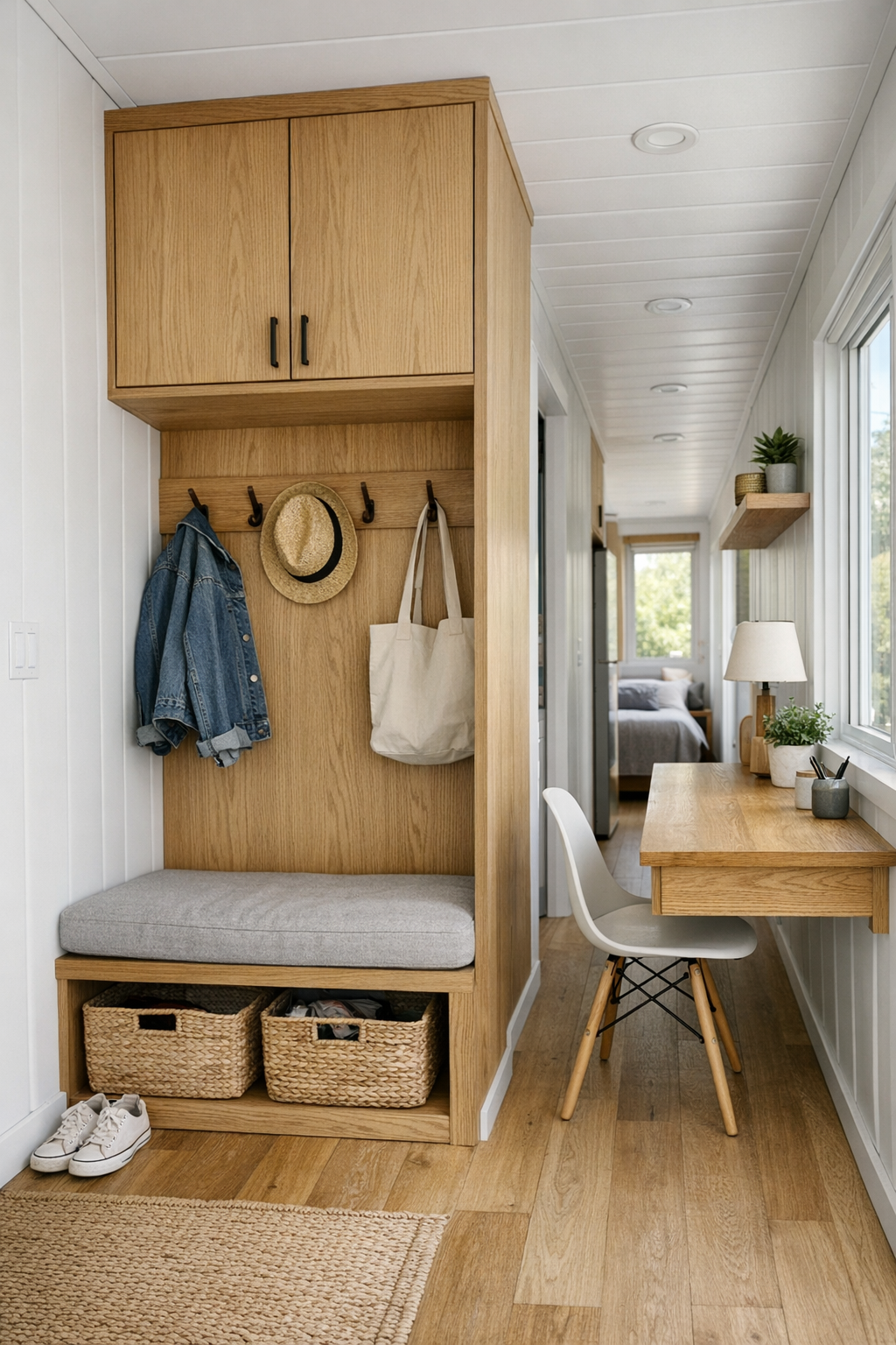 Functional entry and hallway area with built-in storage, bench seating, and oak finishes