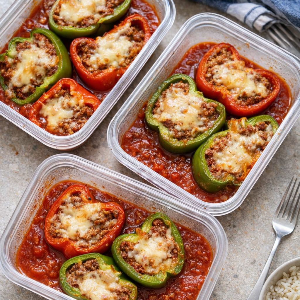 Meal prep containers filled with extra stuffed peppers