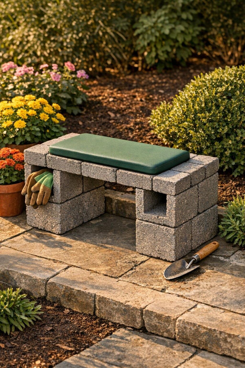 Finished cinder block garden kneeler beside a fall garden bed