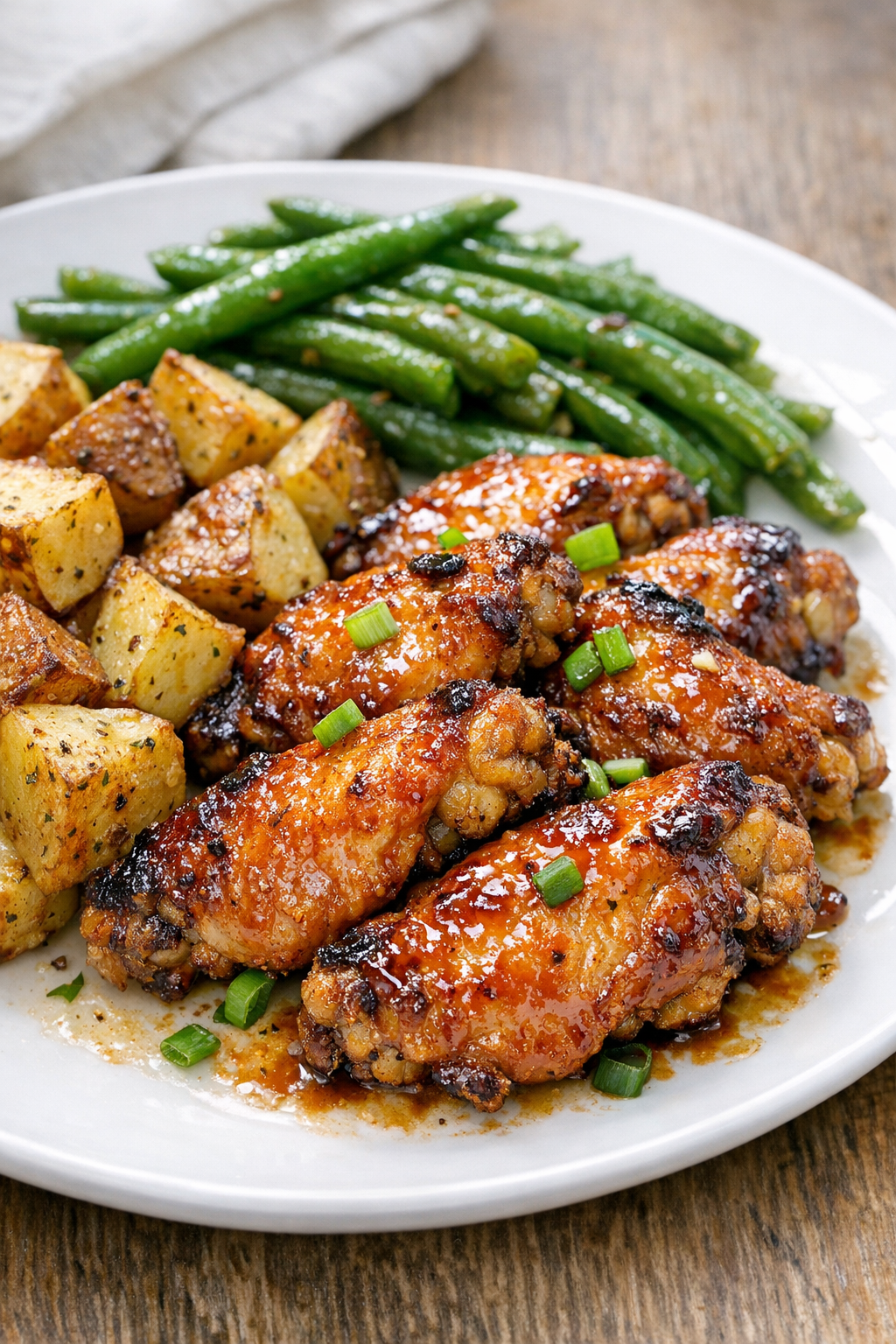 Plated baked chicken wings with sides
