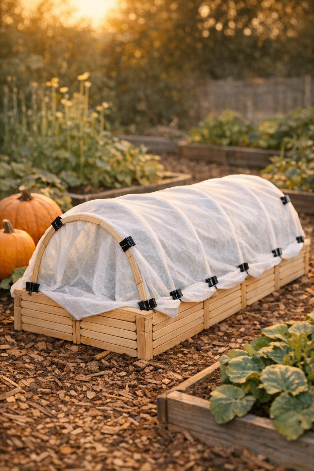 Finished raised bed cover tunnel made from popsicle stick arches