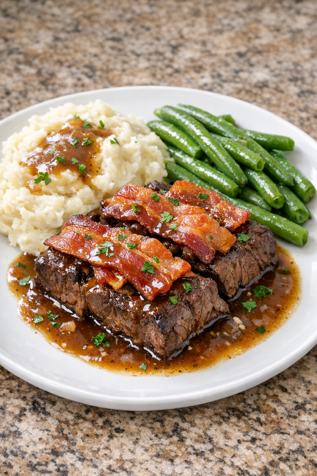 Finished Amish bacon beef plated with sauce