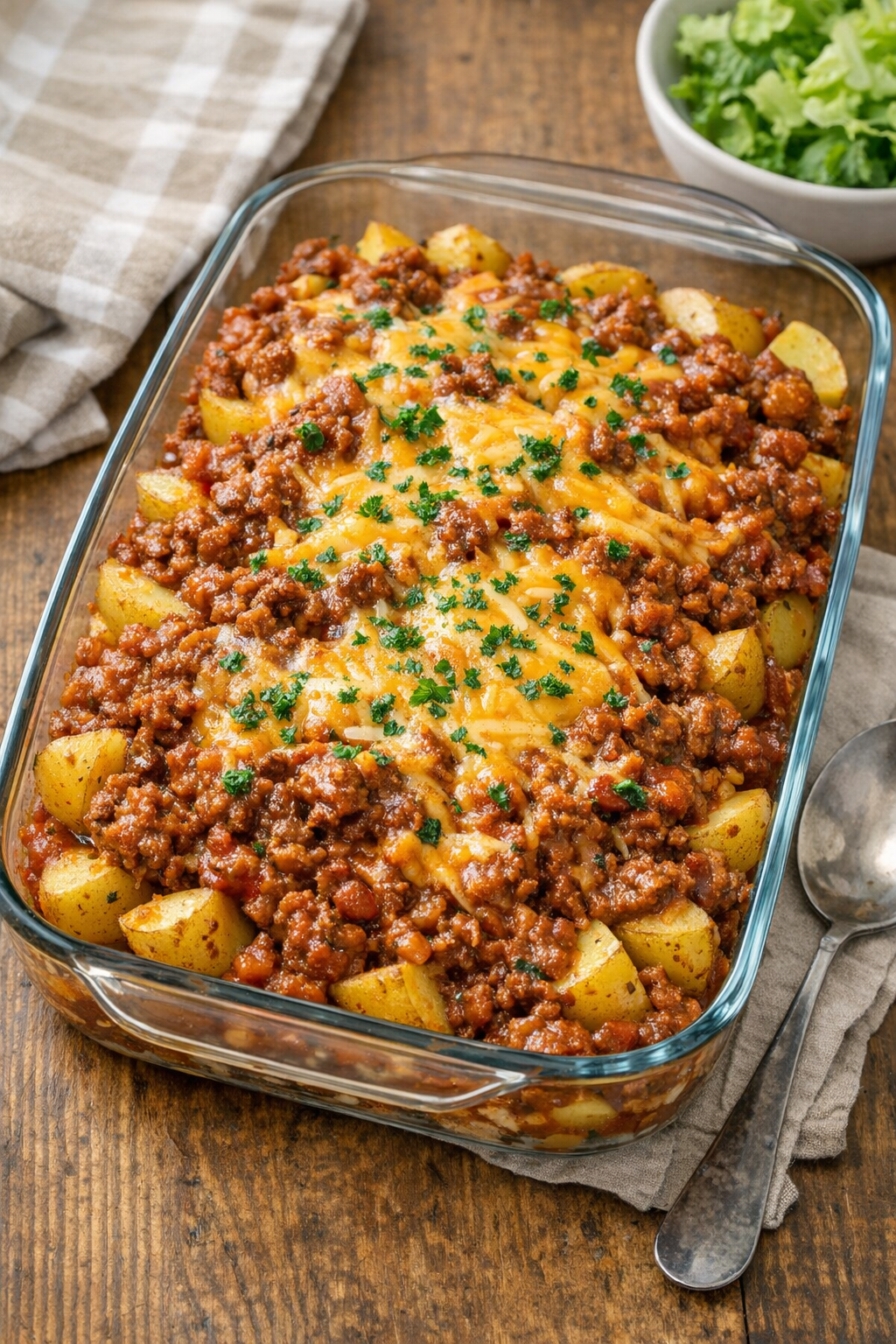 Finished sloppy joe potato bake in a casserole dish