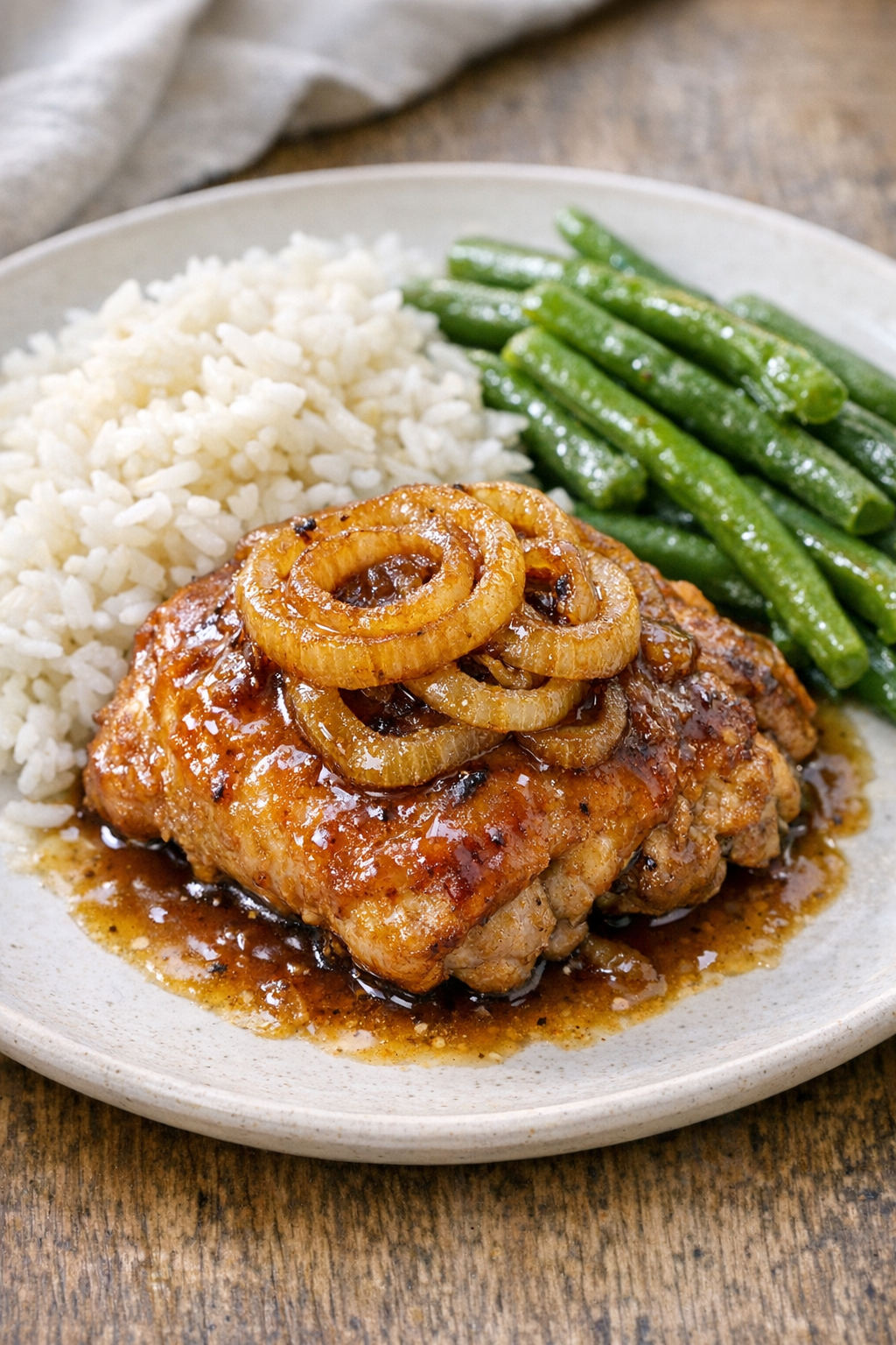 Final plated Chicken Charleston with sauce and onions served with rice and green beans