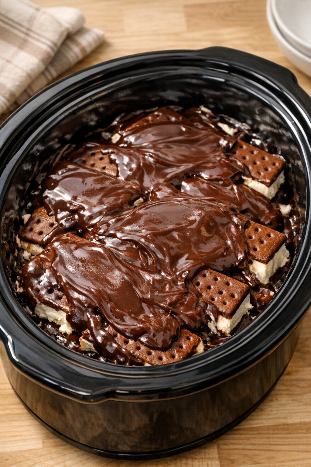 Fudge sauce spread over ice cream sandwiches