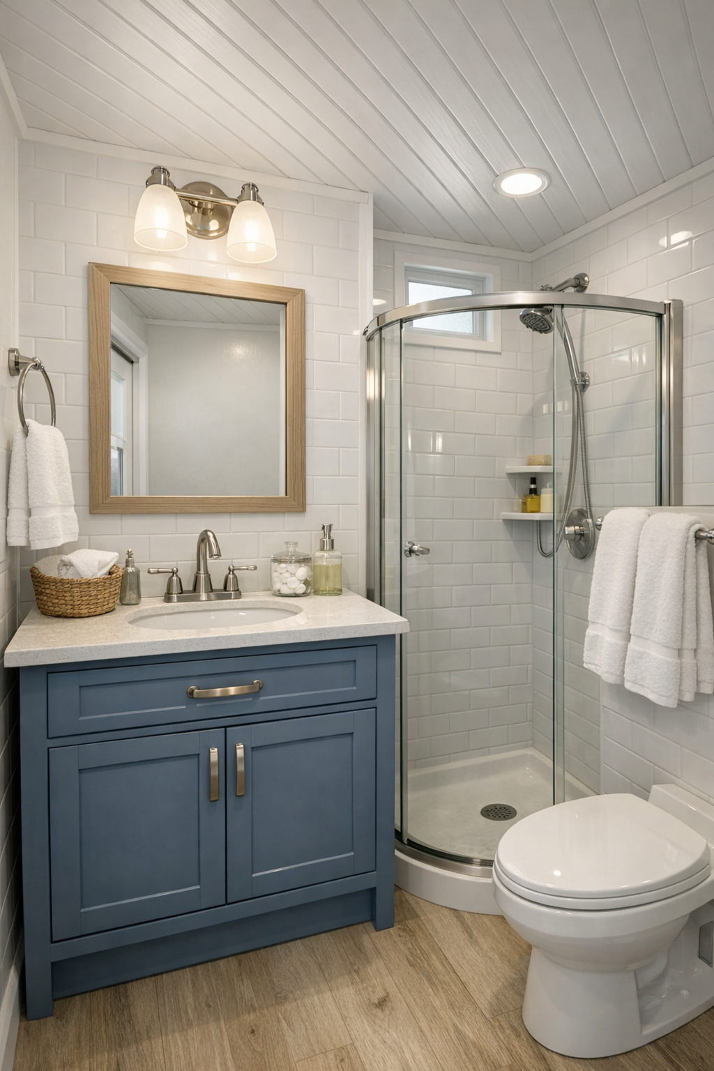 Bright coastal bathroom with white tile, a blue-gray vanity, and polished fixtures