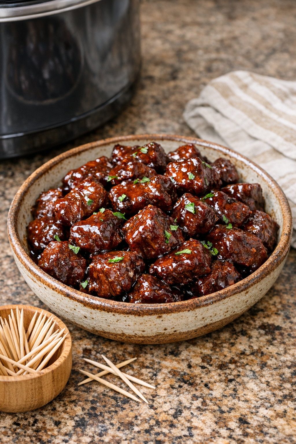 Finished Dr Pepper BBQ beef bites in a serving bowl