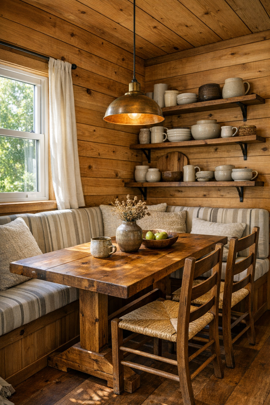 Compact cedar dining area with built-in banquette and solid wood table