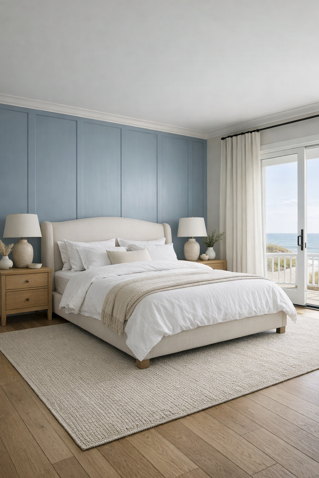 Serene bedroom with ivory upholstered bed and muted blue-gray paneled wall