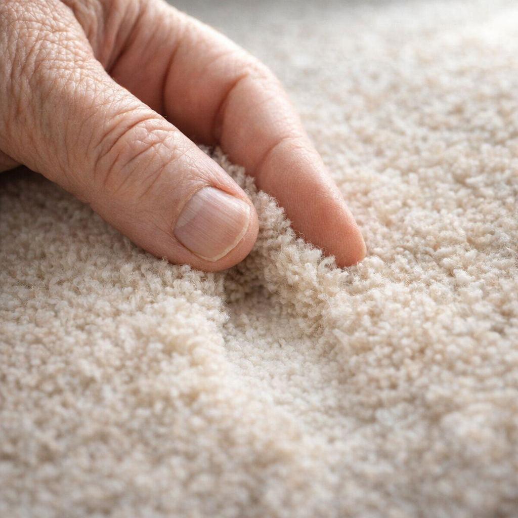 Hand inspecting carpet fibers closely after repeated cinnamon use