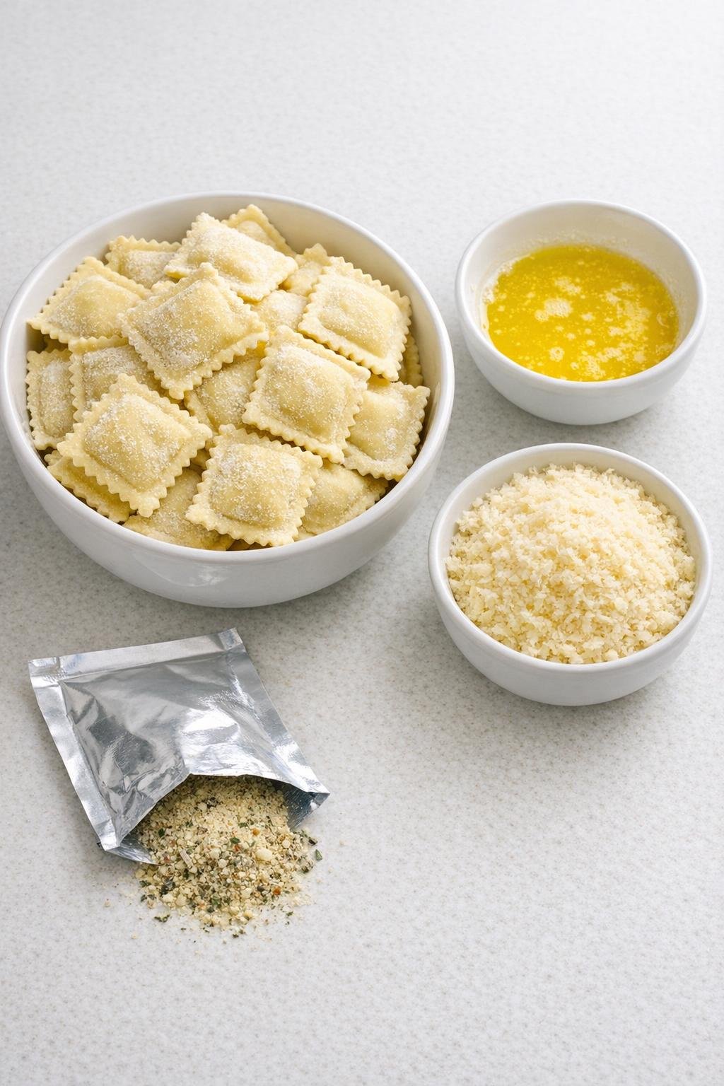 Ingrediënten voor bevroren ravioli, boter, Parmezaanse kaas en Italiaanse dressingmix