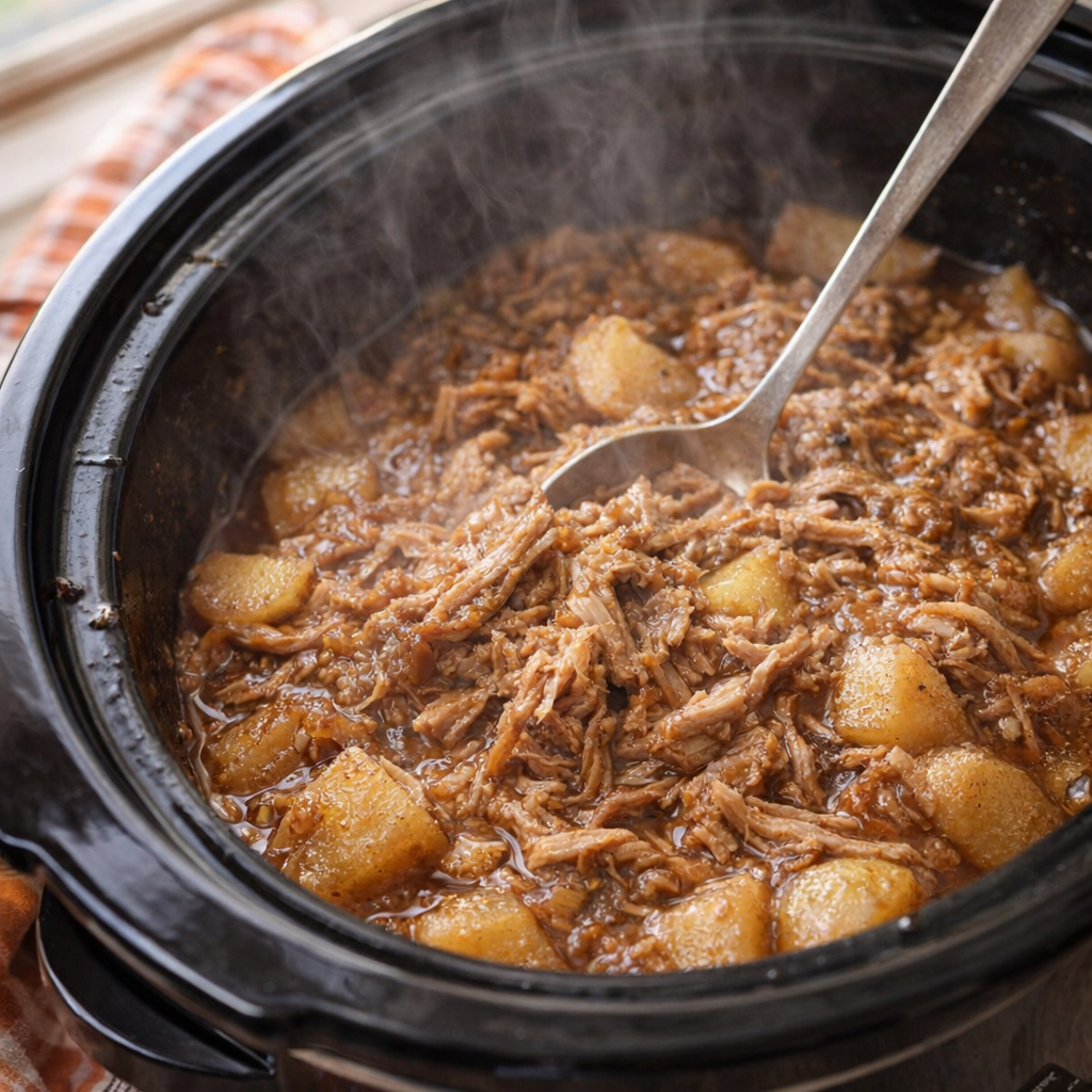 Slow cooker pork roast with apples and glossy cider glaze