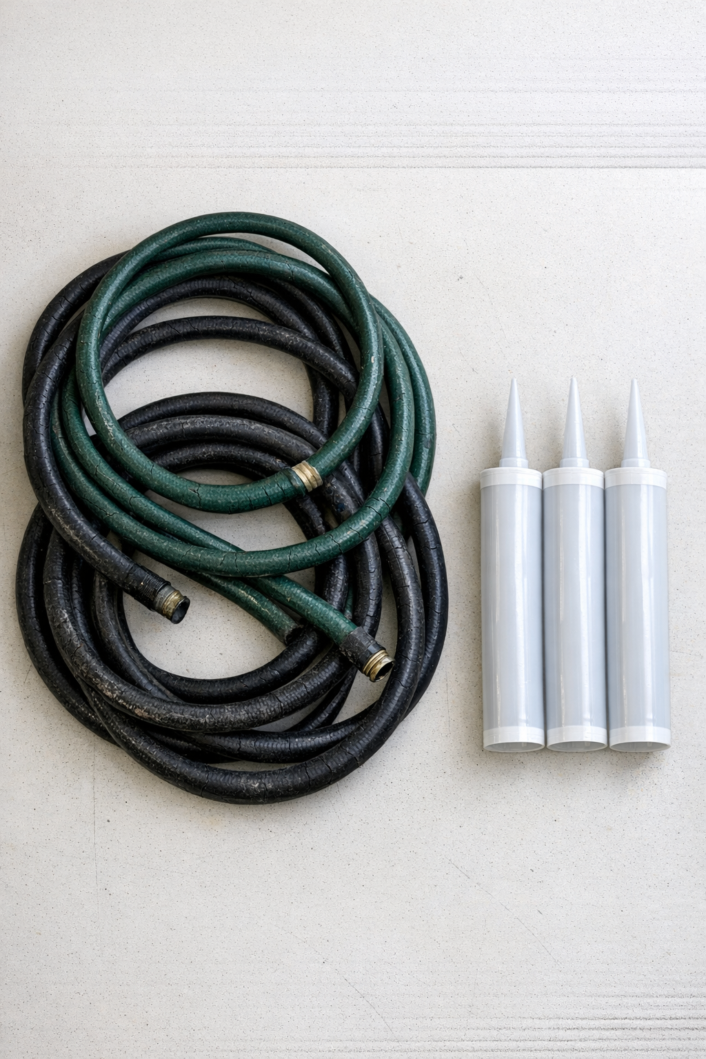 Materials for making a floor mat from old rubber garden hoses and silicone caulk
