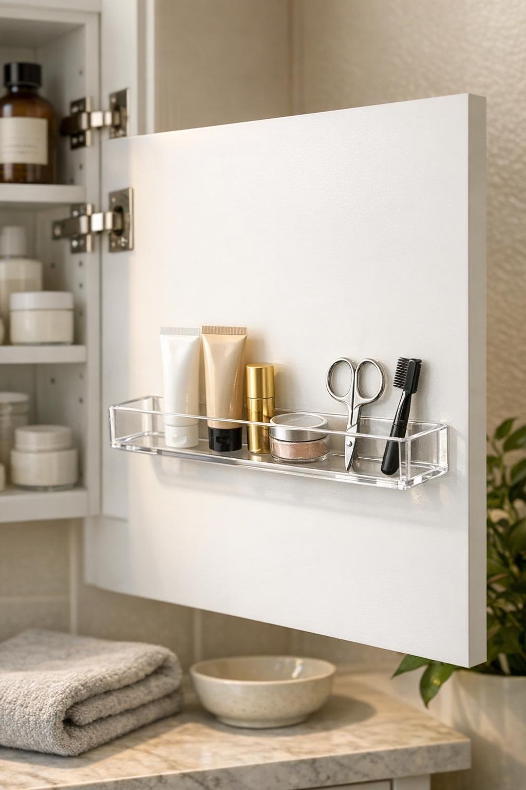 Finished acrylic bathroom shelf mounted inside medicine cabinet door