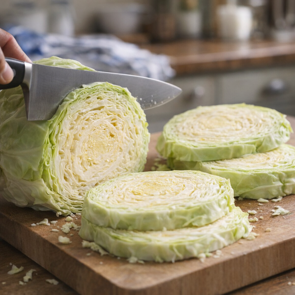 Thick cabbage slices being cut on a wooden board