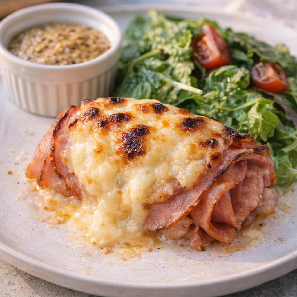 Served portion of ham and cheese bake with salad and dipping sauce