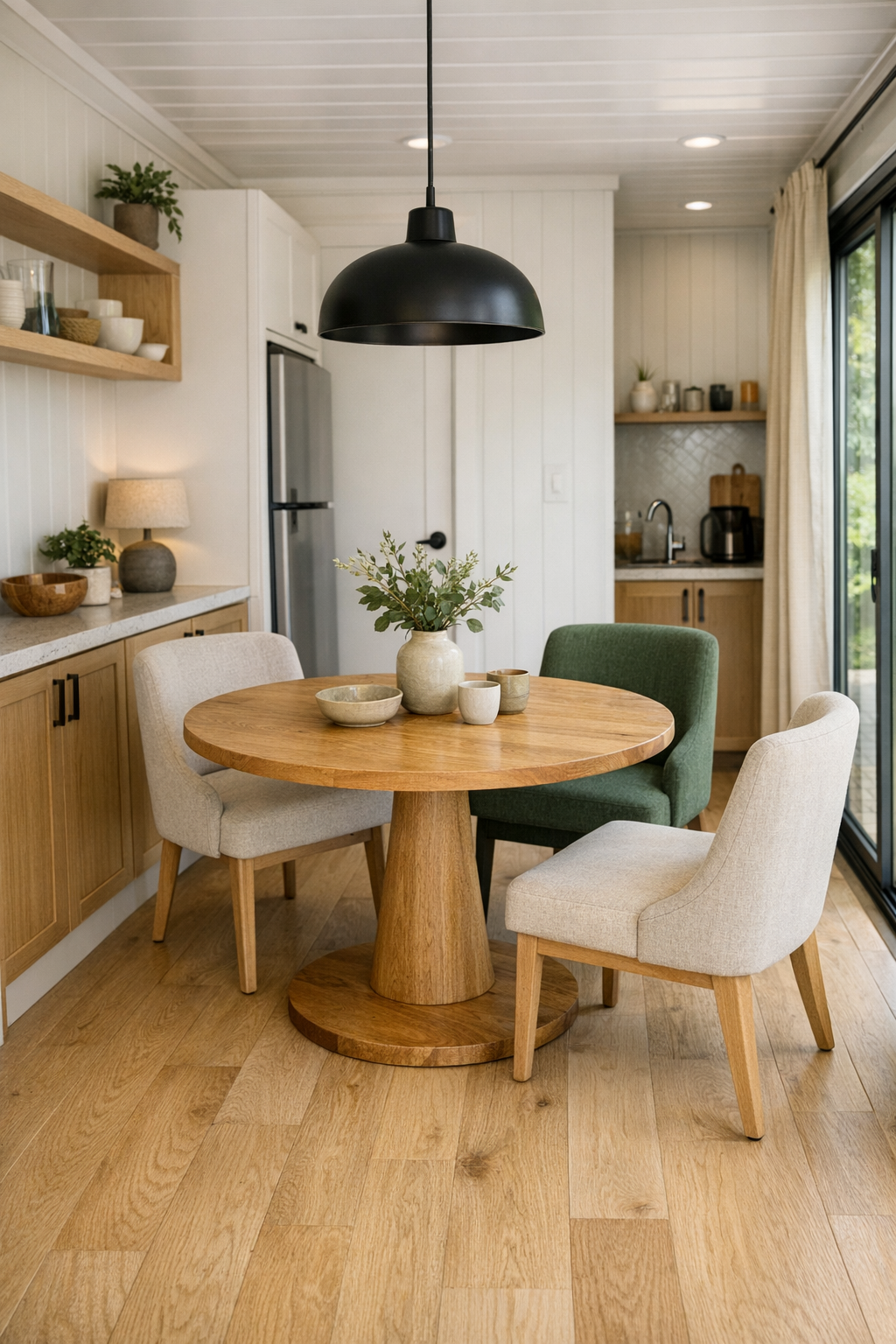 Compact open dining area with round wood table, upholstered chairs, and warm layered lighting