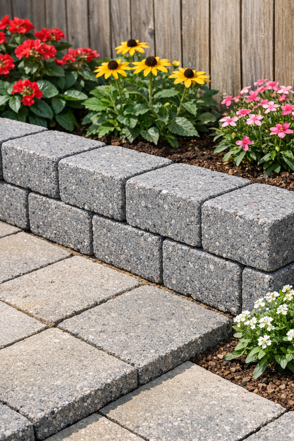 Finished DIY patio retaining wall blocks made from wet newspaper arranged along a garden patio edge