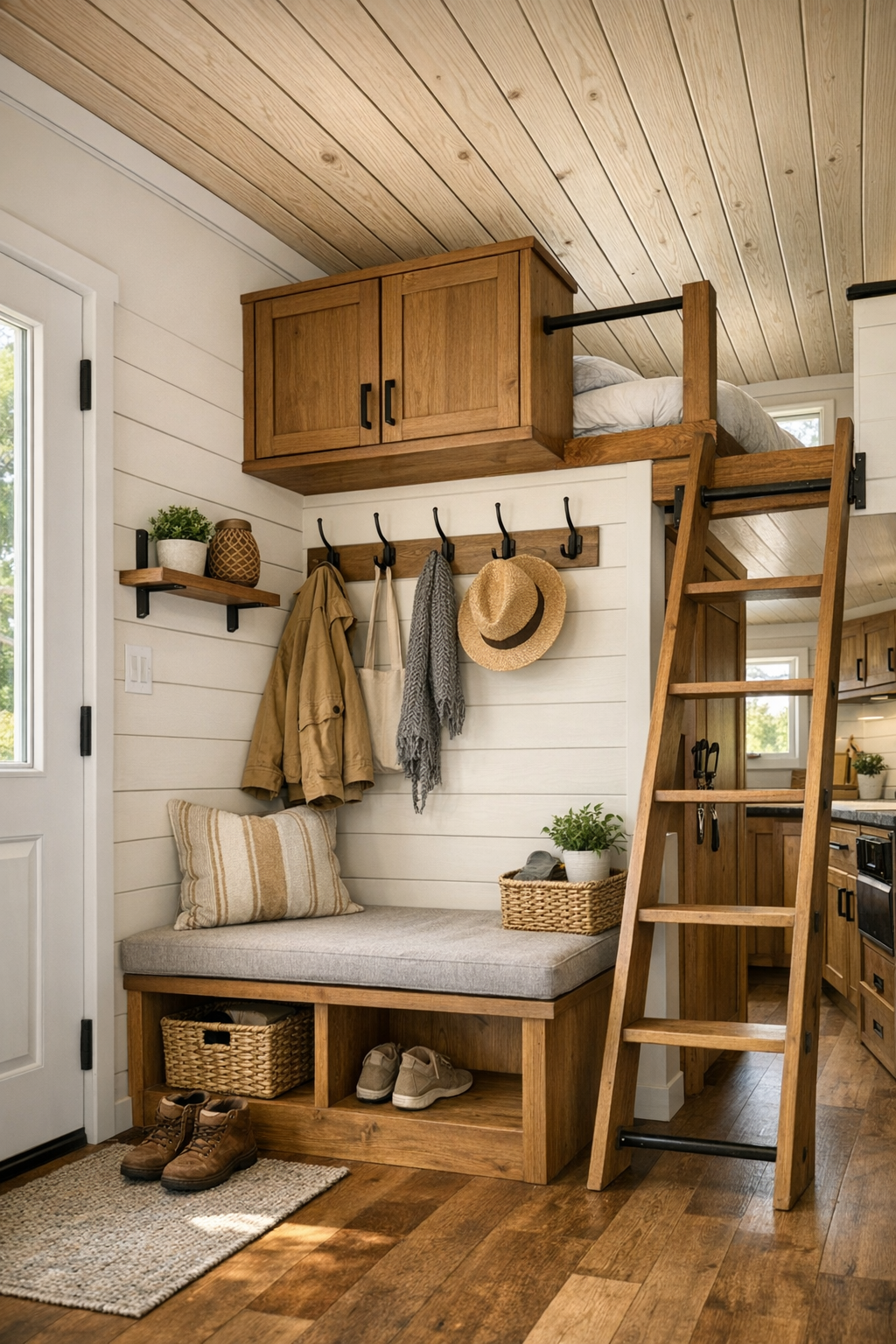 Functional small entry and loft area with wood storage details and cozy cottage finishes