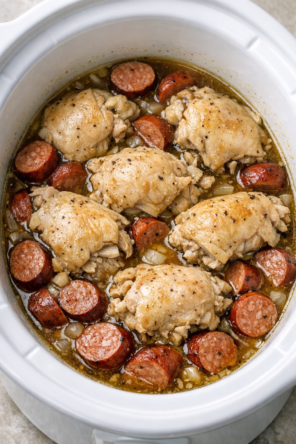 Tender cooked chicken and sausage in savory broth