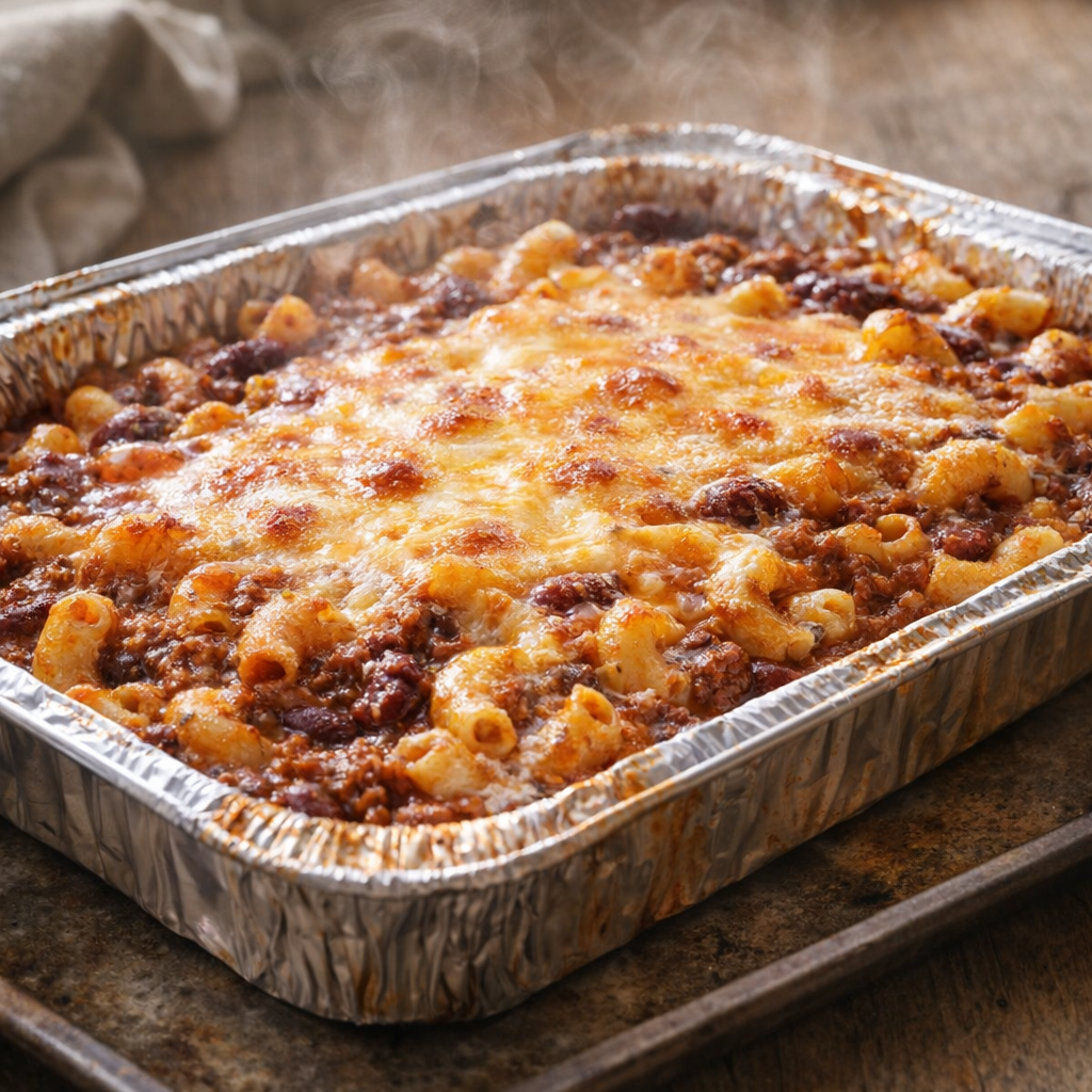Baked chili mac cooling on a baking sheet