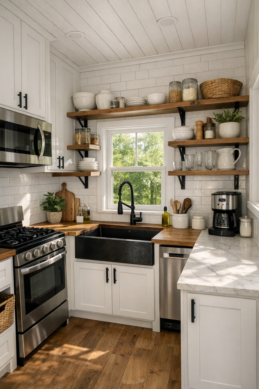 Farmhouse RV kitchen with white shaker cabinets, subway tile, and warm wood or quartz counters